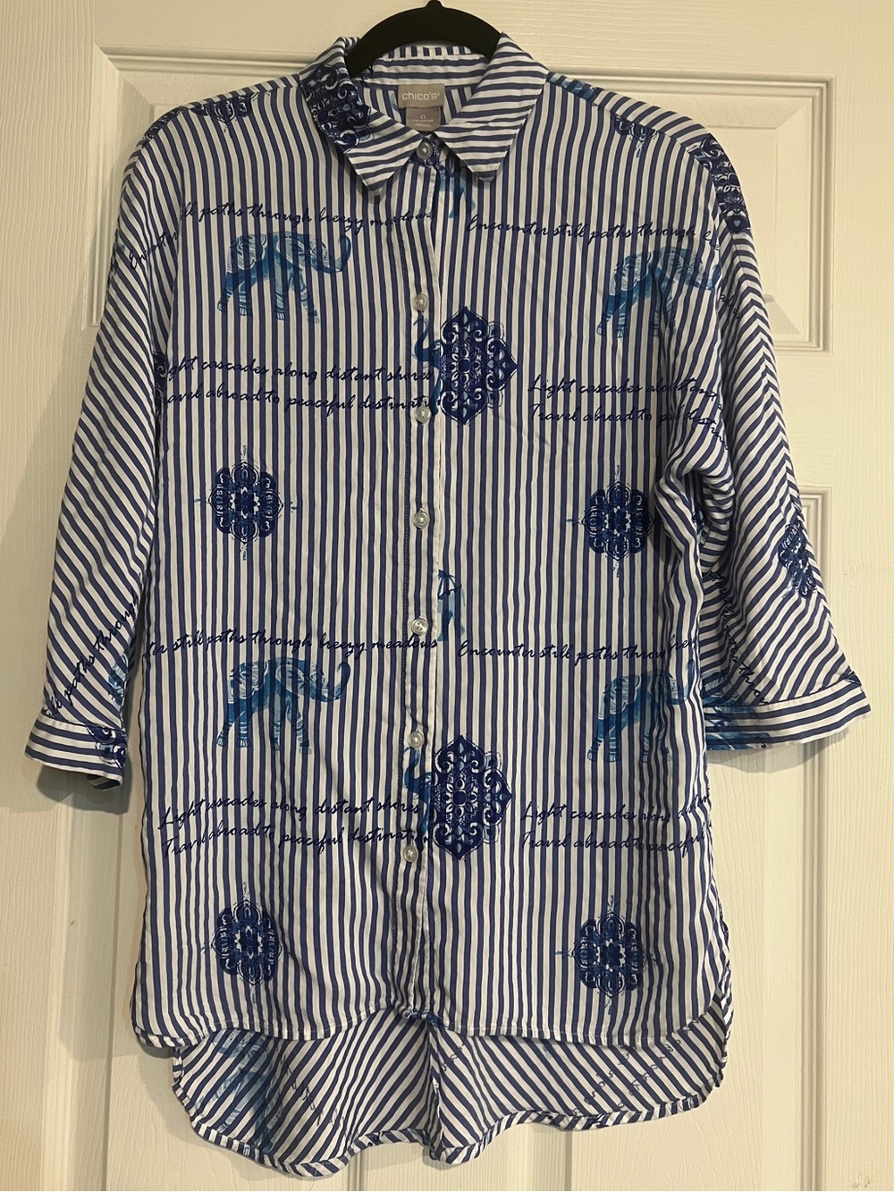 Chicos Elephant Blue Striped Lightweight Button Up Blouse Top Size Small